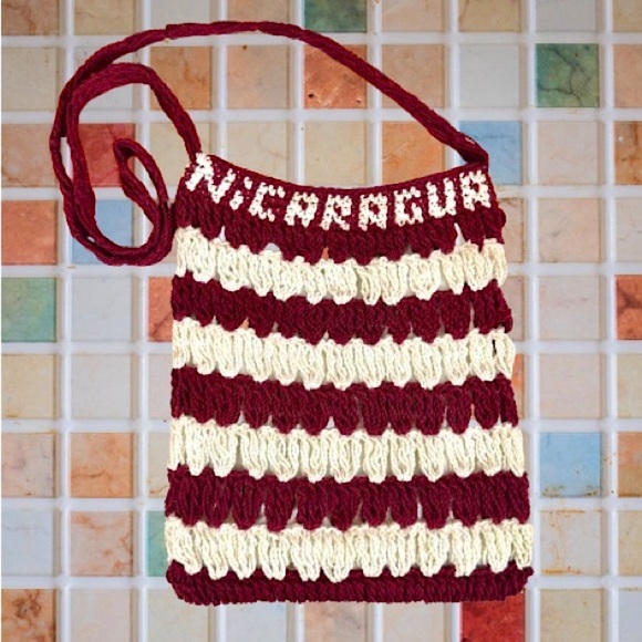 Hand-made Knit Crochet ‘Nicaragua’ Knit Maroon Wine Red Shoulder Crossbody Bag - Picture 1 of 12